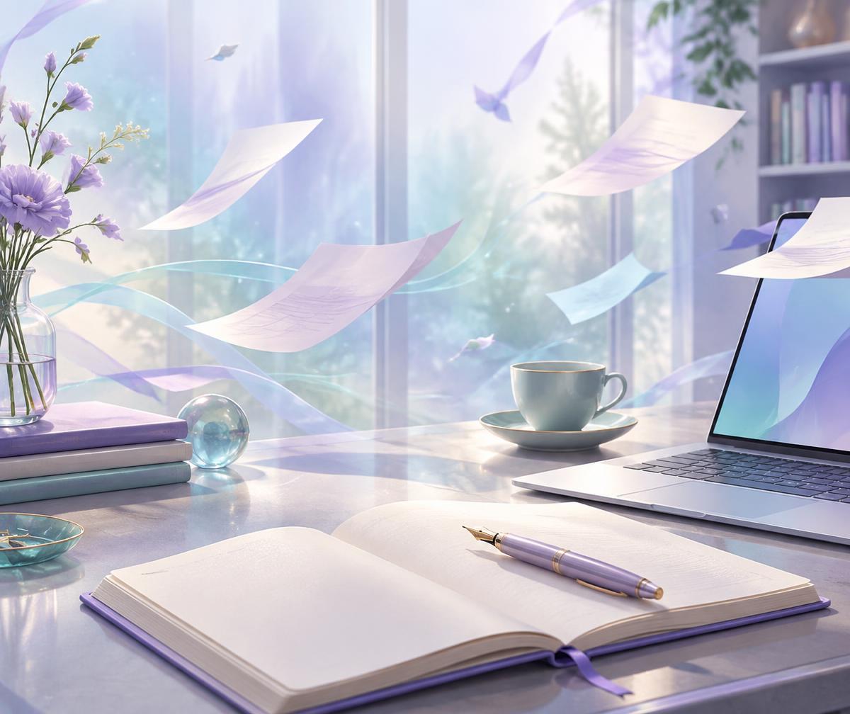A calm writer's desk with notebook, pen and laptop